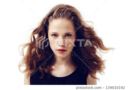Hair, face and beauty, woman in makeup and cosmetics, salon treatment and shine isolated on white background. Cosmetology, haircare for growth and portrait of model, skin glow and wind with volume 139810192