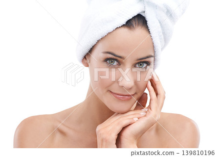 Woman, portrait and towel for skincare in studio with beauty, dermatology and hair care on a white background. Face of a young model or person with cloth for hygiene, bathroom routine or dermatology Woman, portrait and towel for skincare in studio with beauty, dermatology and hair care on a white background. Face of a young model or person with cloth for hygiene, bathroom routine or dermatology 139810196