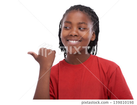 African child, studio and smile for promotion, show and point at mockup advertisement. Black kid, white background and gesture at open space, sale and confidence for idea and thought for marketing African child, studio and smile for promotion, show and point at mockup advertisement. Black kid, white background and gesture at open space, sale and confidence for idea and thought for marketing 139810198