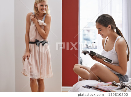 Woman, friends and wardrobe with choice, fashion and beauty for dress, smile and happiness. Designers, clothing and closet with face, thinking and planning for home, decision and relationship 139810200