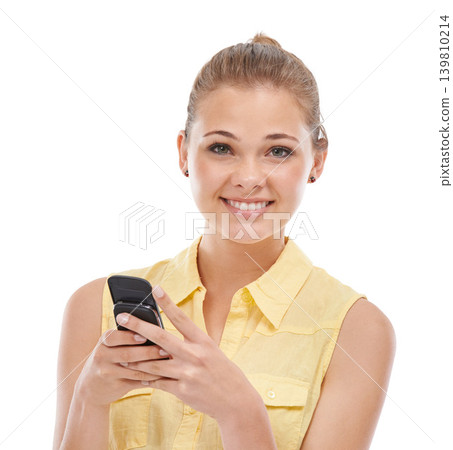 Phone, texting or portrait of happy woman in studio on social media, website or internet to scroll online. Chat network, smile or girl typing on technology or mobile app isolated on white background 139810214