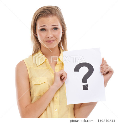 Question mark, portrait or confused woman with sign or doubt for decision or problem solving in studio. Asking, worried face or upset model with why icon or board for solution on white background Question mark, portrait or confused woman with sign or doubt for decision or problem solving in studio. Asking, worried face or upset model with why icon or board for solution on white background 139810233