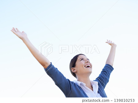 Celebration, cheering and excited with woman, winner and happiness with mockup space and success. Person, gratitude and girl with victory and wellness with goals and motivation with promotion and wow Celebration, cheering and excited with woman, winner and happiness with mockup space and success. Person, gratitude and girl with victory and wellness with goals and motivation with promotion and wow 139810253