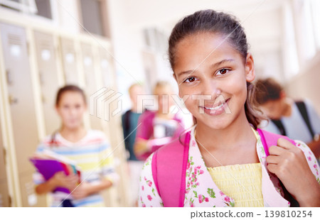 School kids, friends and portrait in hallway with books as learning education or exam, scholarship or future. Girl, face and happy in building for studying in USA for growth, reading or childhood School kids, friends and portrait in hallway with books as learning education or exam, scholarship or future. Girl, face and happy in building for studying in USA for growth, reading or childhood 139810254