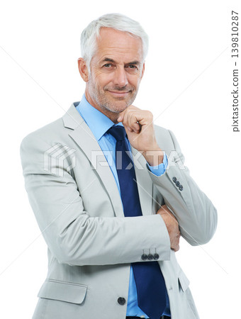 Happy, portrait and mature businessman with confidence as lawyer in white background, studio and mockup. Professional, attorney and pride as corporate legal advisor and consultant of law in business Happy, portrait and mature businessman with confidence as lawyer in white background, studio and mockup. Professional, attorney and pride as corporate legal advisor and consultant of law in business 139810287
