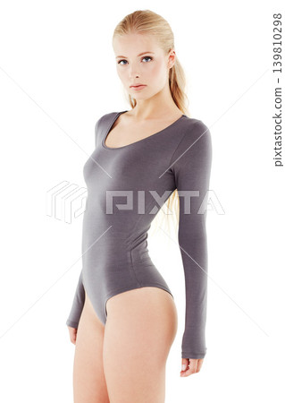 Fashion, portrait and woman in leotard on studio, white background and mockup space for ballet. Confidence, pride and dancer in bodysuit, underwear or costume with beauty and style of ballerina Fashion, portrait and woman in leotard on studio, white background and mockup space for ballet. Confidence, pride and dancer in bodysuit, underwear or costume with beauty and style of ballerina 139810298