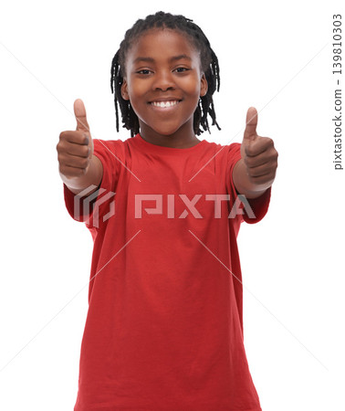 African child, boy and thumbs up in portrait, agreement vote or hand gesture for like on white background. Smile, review or happy male kid with okay, thank you or good feedback for support in studio African child, boy and thumbs up in portrait, agreement vote or hand gesture for like on white background. Smile, review or happy male kid with okay, thank you or good feedback for support in studio 139810303