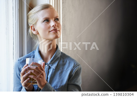 Thinking, memory and woman with coffee in house dreaming, idea or moment of reflection on wall background. Remember, curious and female person at home with tea, break or me time on day off or weekend Thinking, memory and woman with coffee in house dreaming, idea or moment of reflection on wall background. Remember, curious and female person at home with tea, break or me time on day off or weekend 139810304