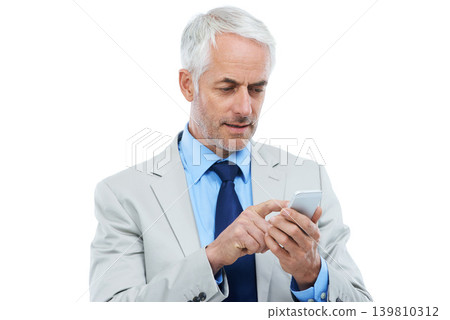 Phone, networking and senior businessman in studio reading corporate blog on the internet. Technology, manager and professional mature ceo scroll on mobile app with cellphone by white background. Phone, networking and senior businessman in studio reading corporate blog on the internet. Technology, manager and professional mature ceo scroll on mobile app with cellphone by white background. 139810312
