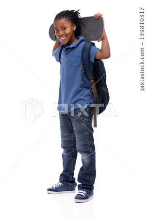 Portrait, skateboard and happy african boy in studio isolated on white background for sports or leisure. Kids, smile or training and confident young skater kid with board for fun or recreation Portrait, skateboard and happy african boy in studio isolated on white background for sports or leisure. Kids, smile or training and confident young skater kid with board for fun or recreation 139810317