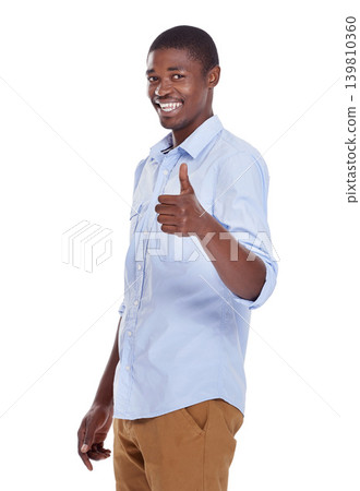 Happy, portrait and black man with thumbs up for good job, winning or thank you on a white studio background. Face of African male person with smile, like emoji or yes sign for OK, agree or approval Happy, portrait and black man with thumbs up for good job, winning or thank you on a white studio background. Face of African male person with smile, like emoji or yes sign for OK, agree or approval 139810360