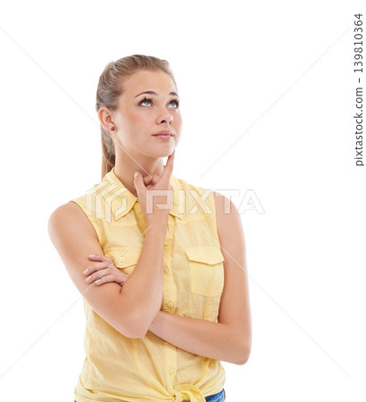 Woman, face and thinking or decision in studio for problem solving, contemplating or wondering on mockup space. Person, thoughtful or daydreaming with confidence, solution or hand on white background Woman, face and thinking or decision in studio for problem solving, contemplating or wondering on mockup space. Person, thoughtful or daydreaming with confidence, solution or hand on white background 139810364