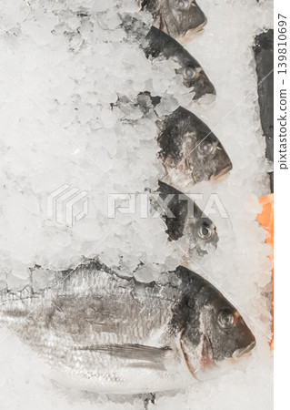 Raw frozen fish cold ice fresh seafood supermarket counter sea food Raw frozen fish cold ice fresh seafood supermarket counter sea food 139810697