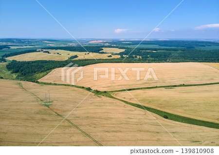 Aerial landscape view of yellow cultivated agricultural field with ripe wheat on bright summer day 139810908