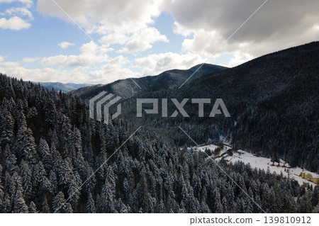 Winter landscape with spruse trees of snow covered forest in cold mountains. 139810912