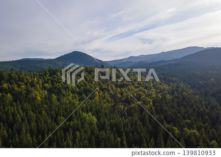 Aerial view of green pine forest with dark spruce trees covering mountain hills. Nothern woodland scenery from above Aerial view of green pine forest with dark spruce trees covering mountain hills. Nothern woodland scenery from above 139810933