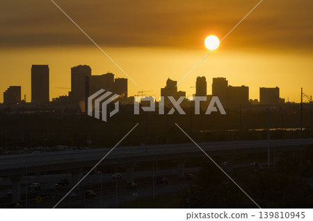 View from above of contemporary high skyscraper buildings in downtown district of Tampa city in Florida, USA at sunset. American megapolis with business financial district 139810945