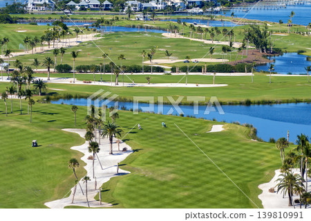 Aerial view of large golf course with green grass in Boca Grande in southwest Florida. Place for outdoor activities 139810991