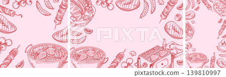 BBQ Social Media Banner Set with Hand Drawn Barbecue Food Borders and Copy Space BBQ Social Media Banner Set with Hand Drawn Barbecue Food Borders and Copy Space 139810997