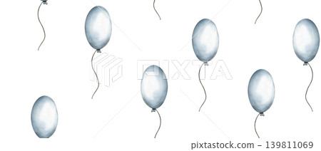 Seamless pattern with balloons in blue colors. Watercolor hand drawn illustration of floating balloons for festive decorations, kids wallpaper and wrapping paper. Ornament for kids goods 139811069