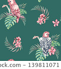 Seamless pattern with Parrot in palm leaves. Pink cockatoo on a branch. Bird in the jungle. Watercolor illustration of tropical parrot in palm leaves. Ornament for wallpaper, wrapping paper, textile 139811071