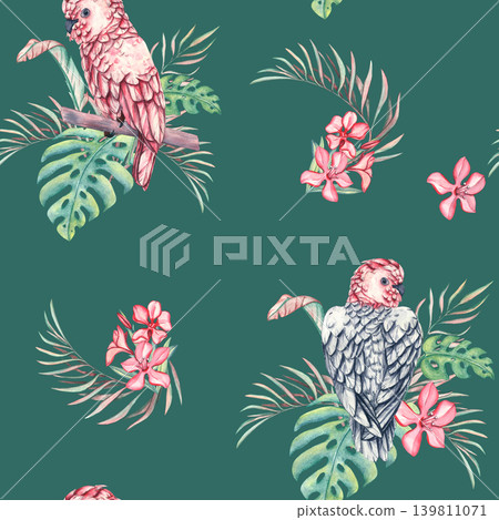 Seamless pattern with Parrot in palm leaves. Pink cockatoo on a branch. Bird in the jungle. Watercolor illustration of tropical parrot in palm leaves. Ornament for wallpaper, wrapping paper, textile 139811071
