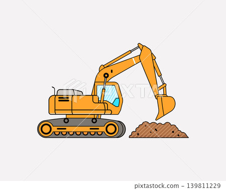 Yellow excavator machine digging dirt pile illustration with heavy equipment Yellow excavator machine digging dirt pile illustration with heavy equipment 139811229