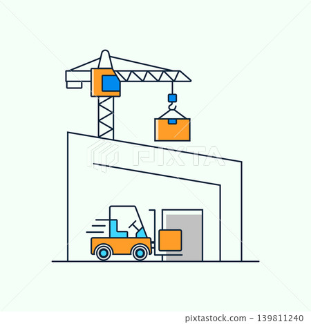 Warehouse construction scene with crane lifting box and forklift, construction Warehouse construction scene with crane lifting box and forklift, construction 139811240