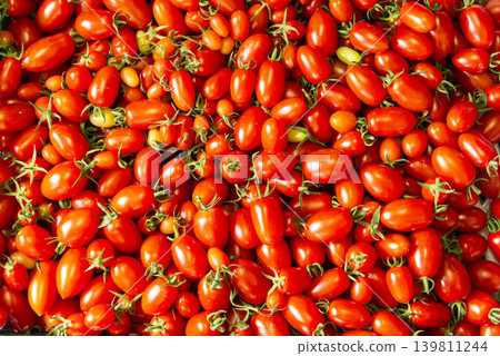 A farm harvest scene overflowing with fresh tomatoes, a close-up of a massive quantity of juicy red vegetables. A farm harvest scene overflowing with fresh tomatoes, a close-up of a massive quantity of juicy red vegetables. 139811244