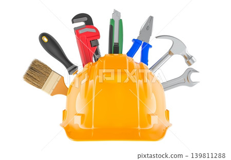 Hard hat with construction tools, 3d rendering 139811288