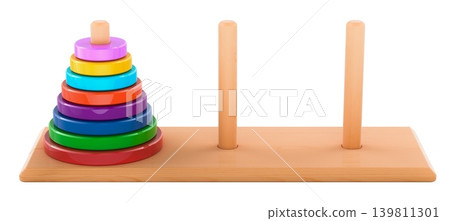 Tower of Hanoi puzzle with colored rings, 3d rendering 139811301