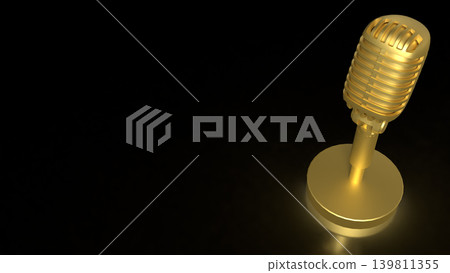 Golden Retro Microphone On Dark Stage 3d render. 139811355