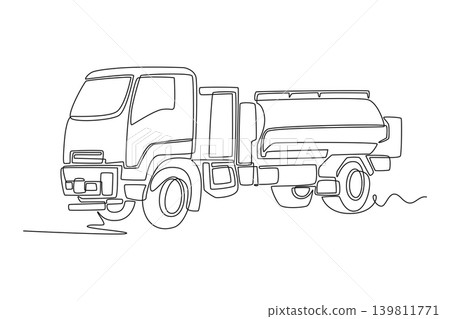 Single one line drawing city maintenance vehicle with a large water tank for watering city garden, featuring a detailed driver cabin and wheels. Continuous line draw design graphic vector illustration Single one line drawing city maintenance vehicle with a large water tank for watering city garden, featuring a detailed driver cabin and wheels. Continuous line draw design graphic vector illustration 139811771