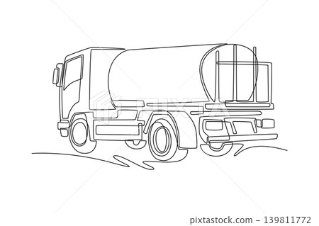 Continuous one line drawing back view of city maintenance water tanker truck. It cylindrical liquid container tank, robust chassis, and side wheels. Single line draw design vector graphic illustration Continuous one line drawing back view of city maintenance water tanker truck. It cylindrical liquid container tank, robust chassis, and side wheels. Single line draw design vector graphic illustration 139811772
