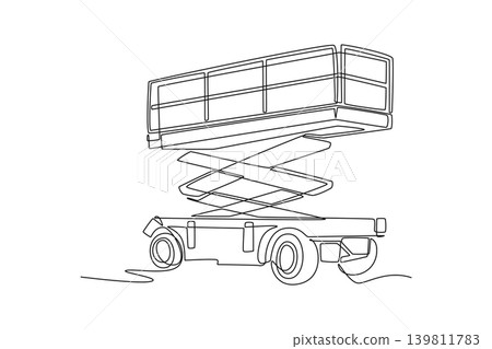 Single continuous line drawing mobile scissor lift platform vehicle. Wheeled metal chassis base, cross lifting arm mechanism, protective guard rails. One line draw graphic design vector illustration 139811783