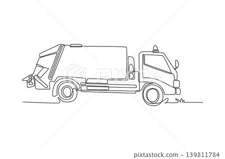 Single continuous line drawing side view of city garbage truck. Highlighting large trash storage body, rear loading hopper mechanism, front driver cab. One line draw graphic design vector illustration 139811784