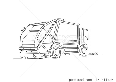 Single continuous line drawing back view of city garbage truck. Showcasing large waste collection compactor container and front driver cabin. Dynamic one line draw graphic design vector illustration 139811786