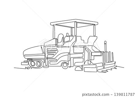 Single continuous line drawing industrial road paving machine, outlining heavy material distributor, main processing body, open canopy operator deck. One line draw graphic design vector illustration Single continuous line drawing industrial road paving machine, outlining heavy material distributor, main processing body, open canopy operator deck. One line draw graphic design vector illustration 139811787