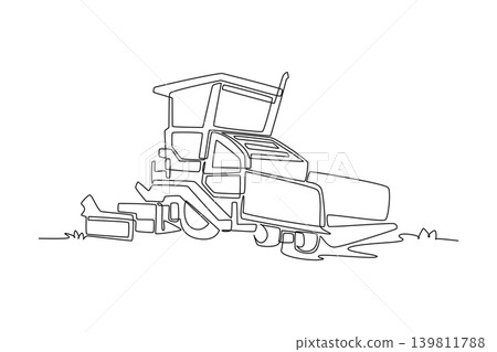 Single continuous line drawing industrial asphalt paver finisher machine. Illustrating material hopper, elevated driver cabin, rear screed extensions. One line draw graphic design vector illustration 139811788