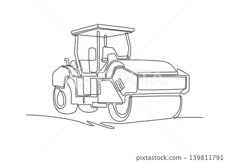 Single one line drawing industrial road roller vehicle, detailing open canopy cabin, large steel front drum, and heavy rear wheel tires. Modern continuous line draw design graphic vector illustration Single one line drawing industrial road roller vehicle, detailing open canopy cabin, large steel front drum, and heavy rear wheel tires. Modern continuous line draw design graphic vector illustration 139811791