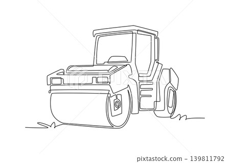 Single one line drawing heavy-duty road roller construction vehicle, detailing large front compacting drum cylinder and drivers cabin enclosure. Continuous line draw design graphic vector illustration 139811792
