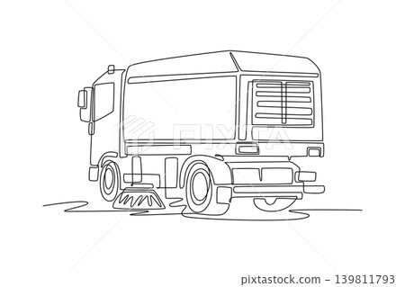 Single one line drawing back view of large street sweeper truck, showing massive storage compartment, ventilation grille, side sweeping brushes. Continuous line draw design graphic vector illustration 139811793