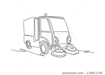 Single one line drawing compact street sweeper truck, showing the front cabin, rotating brushes at the bottom, and waste collection compartment. Continuous line draw design graphic vector illustration 139811795