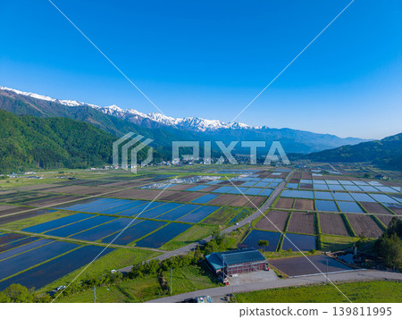[Drone Aerial Photography] Early Summer in Hakuba Village: Scenery of Fresh Greenery and Reflections in the Water [Nagano Prefecture] 139811995