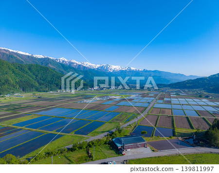 [Drone Aerial Photography] Early Summer in Hakuba Village: Scenery of Fresh Greenery and Reflections in the Water [Nagano Prefecture] 139811997