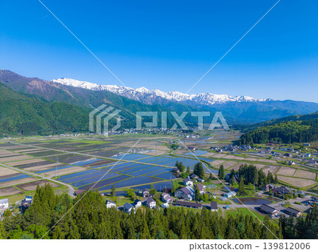 [Drone Aerial Photography] Early Summer in Hakuba Village: Scenery of Fresh Greenery and Reflections in the Water [Nagano Prefecture] 139812006