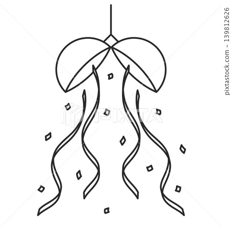 Black and white line drawing illustration of a broken kusudama (decorative ball) and confetti. 139812626