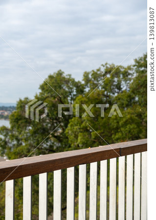 Close up of a wooden and metal balcony railing with soft natural background. 139813087