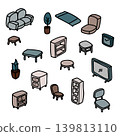 Hand Drawn Doodle of Living room furniture set. Chair, Sofa, table, television and plant. Isometric Drawing Vector. 139813110