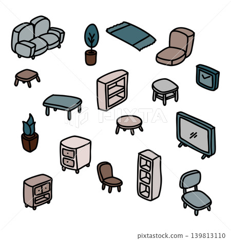 Hand Drawn Doodle of Living room furniture set. Chair, Sofa, table, television and plant. Isometric Drawing Vector. Hand Drawn Doodle of Living room furniture set. Chair, Sofa, table, television and plant. Isometric Drawing Vector. 139813110
